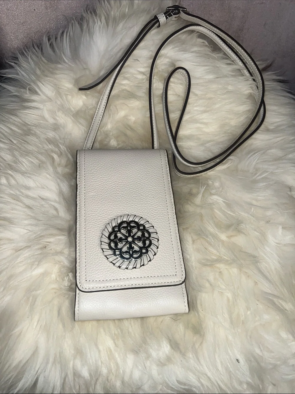 Brighton Cream Pebble Leather Crossbody Phone Bag with Medallion